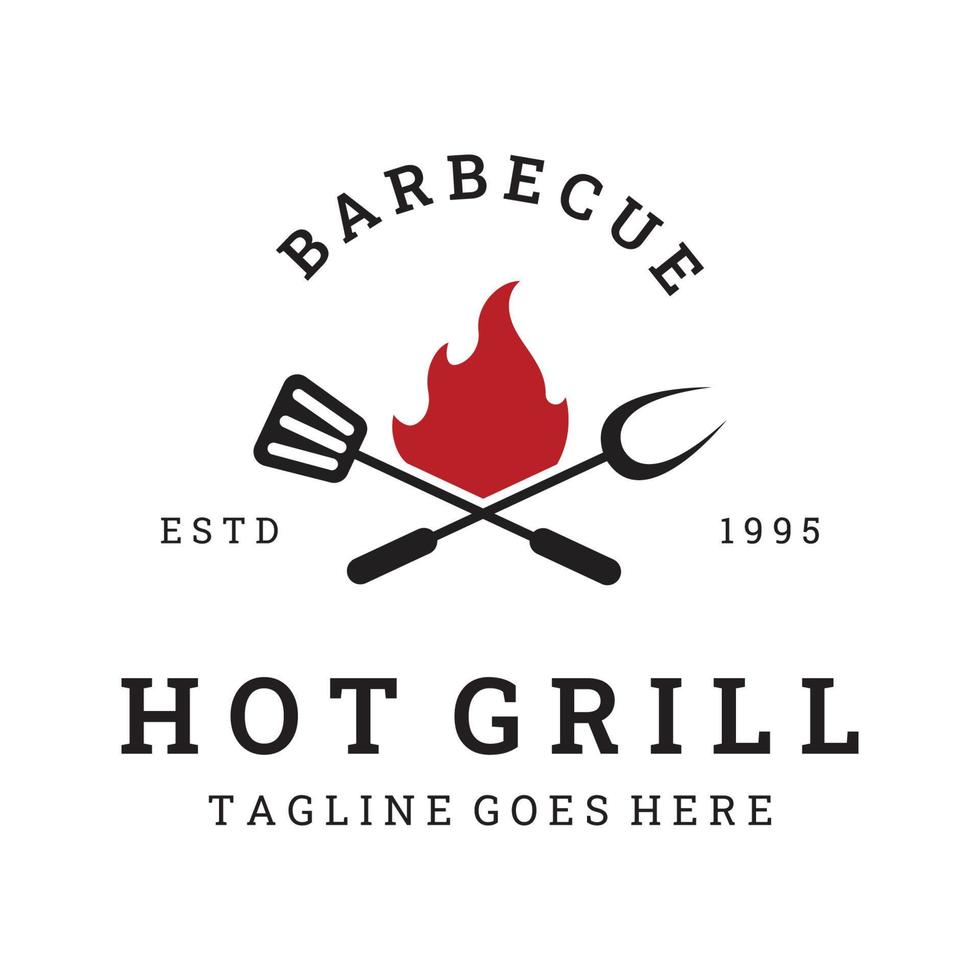 diseño de logotipo de tipografía de barbacoa a la parrilla con fuego cruzado y spatula.logos para restaurantes, cafeterías y bares. vector