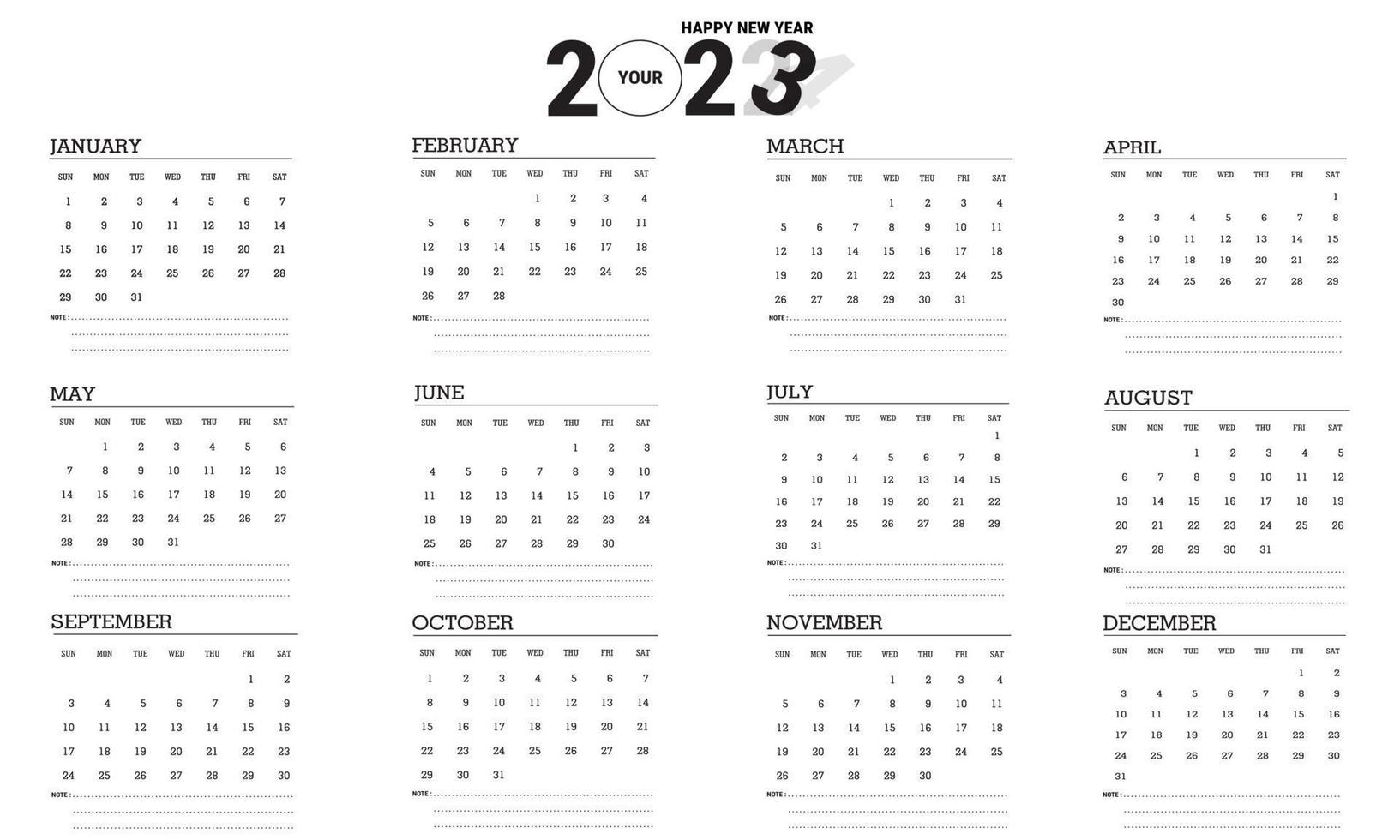 Vector illustration of 2023 calendar year. Black and white calendar design. Eps10 Vector