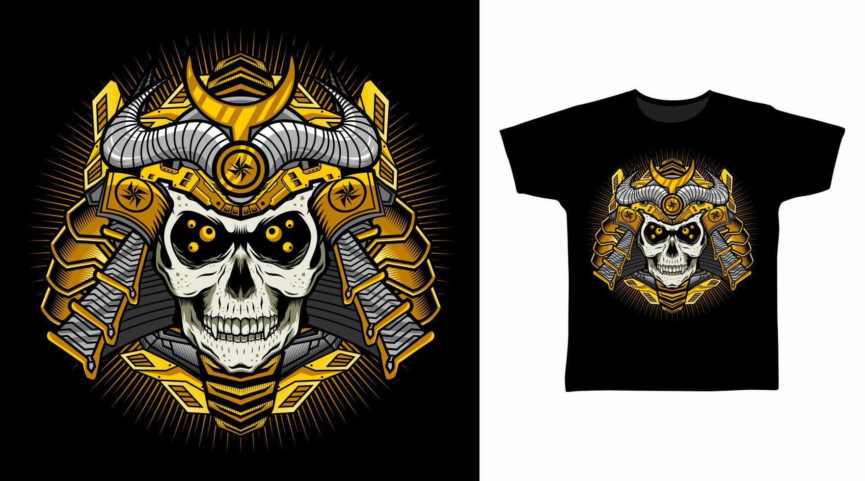 cráneo samurái de oro mecánico con concepto de diseño de camiseta con ilustración de armadura de guerra. vector