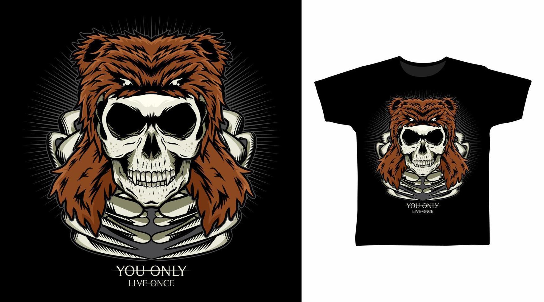 Skeleton and Bear Hat illustration t-shirt design concept. vector