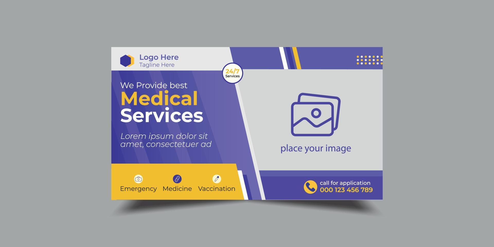 plantilla de banner web de atención médica y miniatura de video. diseño de banner de promoción de hospital médico editable vector