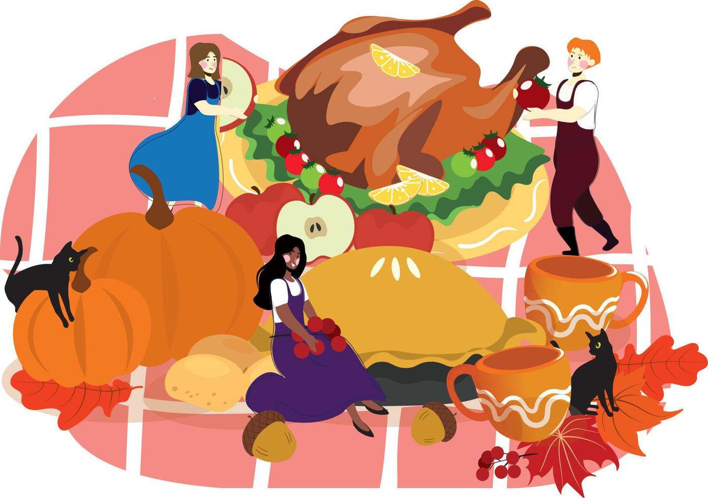 conjunto de personajes masculinos y femeninos felices cocinando un enorme pavo de acción de gracias picnic tradicional de comida de otoño vector