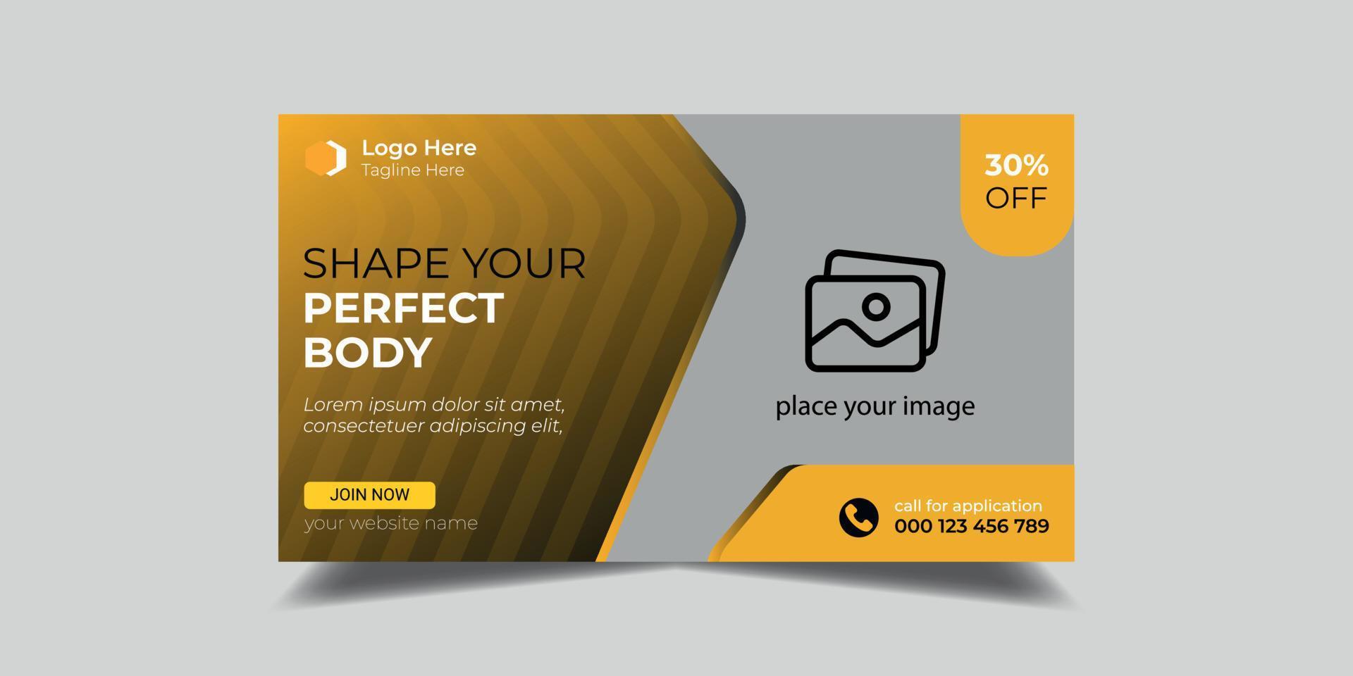 Fitness gym any videos thumbnail design. Editable gym exercise video thumbnail social media banner vector