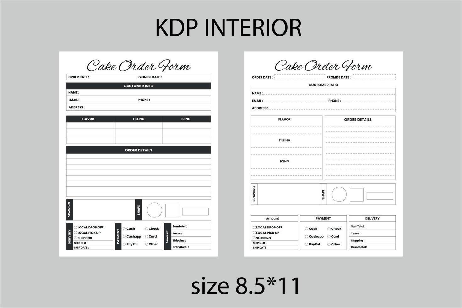 torta pedidos formularios bitácora kdp interior. rastreador de pedidos comerciales de pasteles y plantilla de verificador de información del cliente vector