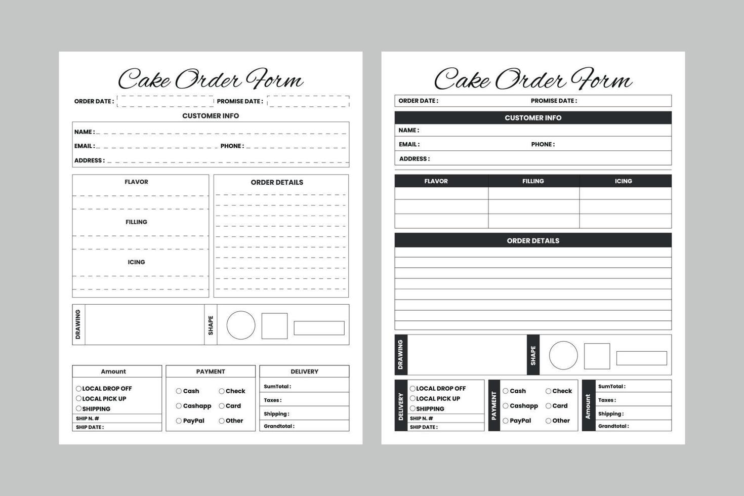 Cake Order Forms Logbook KDP Interior. Cake business order tracker and customer information checker template vector