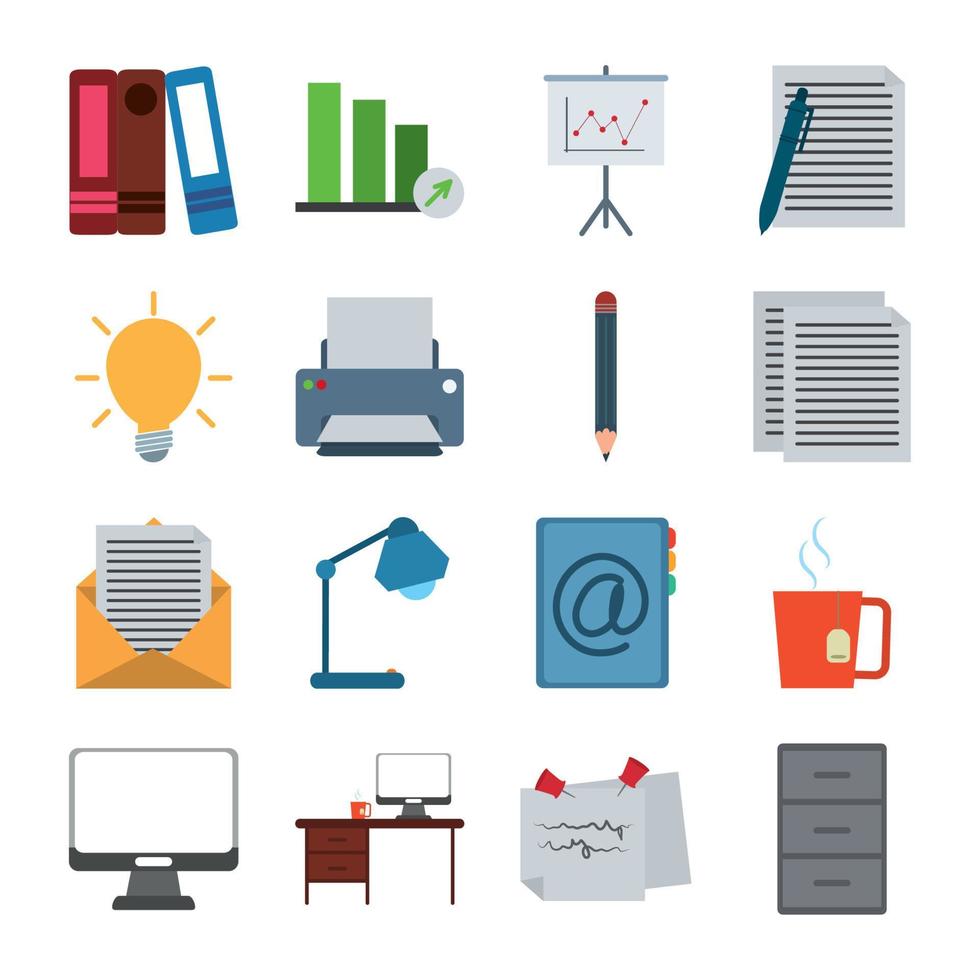 conjunto de iconos de estilo plano de negocios de trabajo de papelería de  suministros de oficina 13164986 Vector en Vecteezy