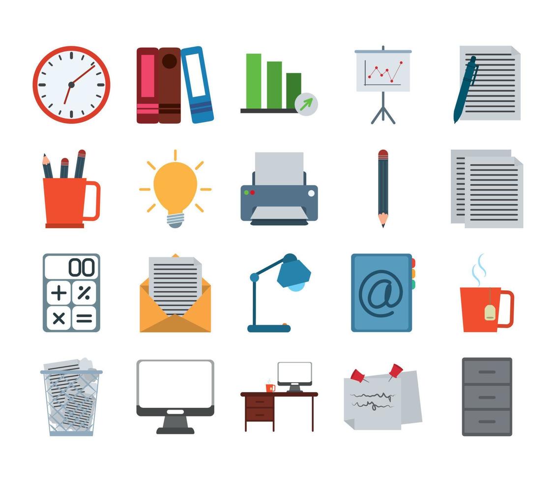 conjunto de iconos de estilo plano de negocios de trabajo de papelería de suministros de oficina vector