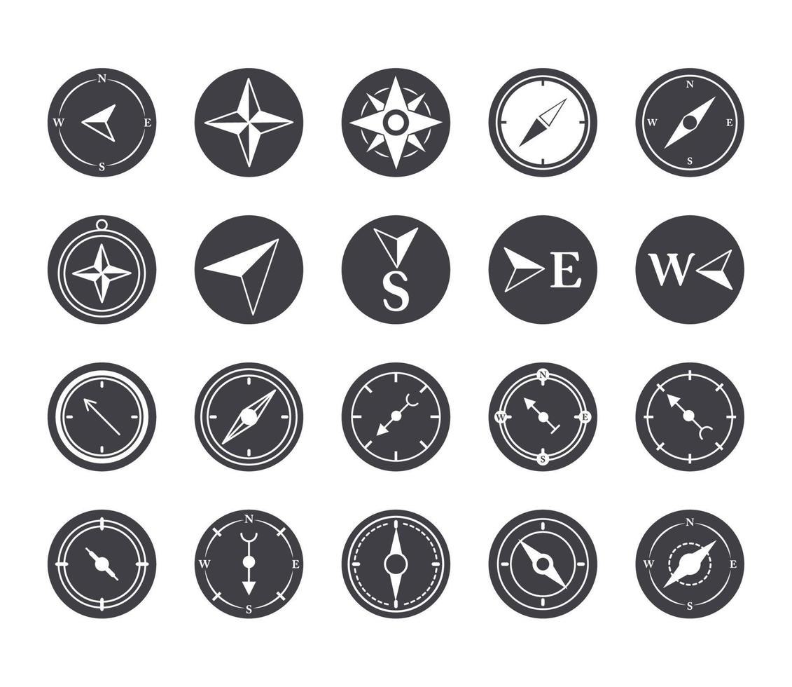 compass rose navigation cartography travel explore equipment icons set silhouette design icon vector