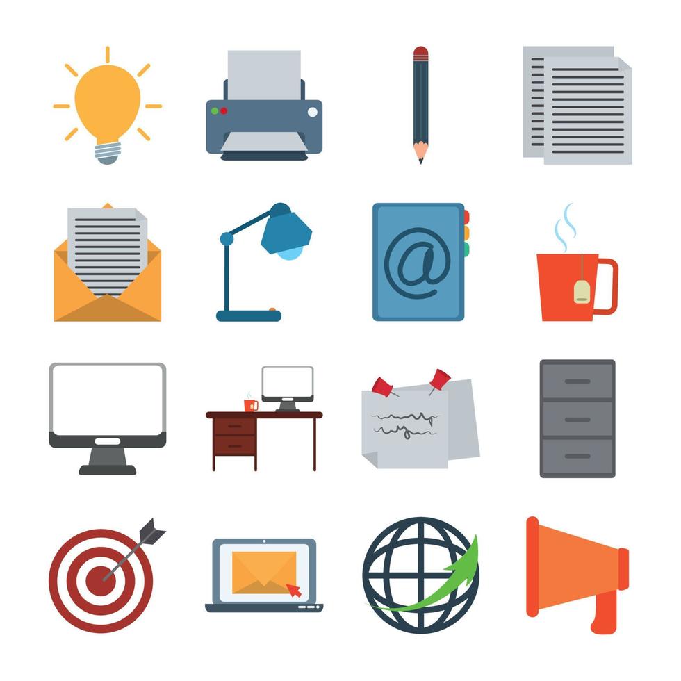 office supply stationery work business flat style icons set vector