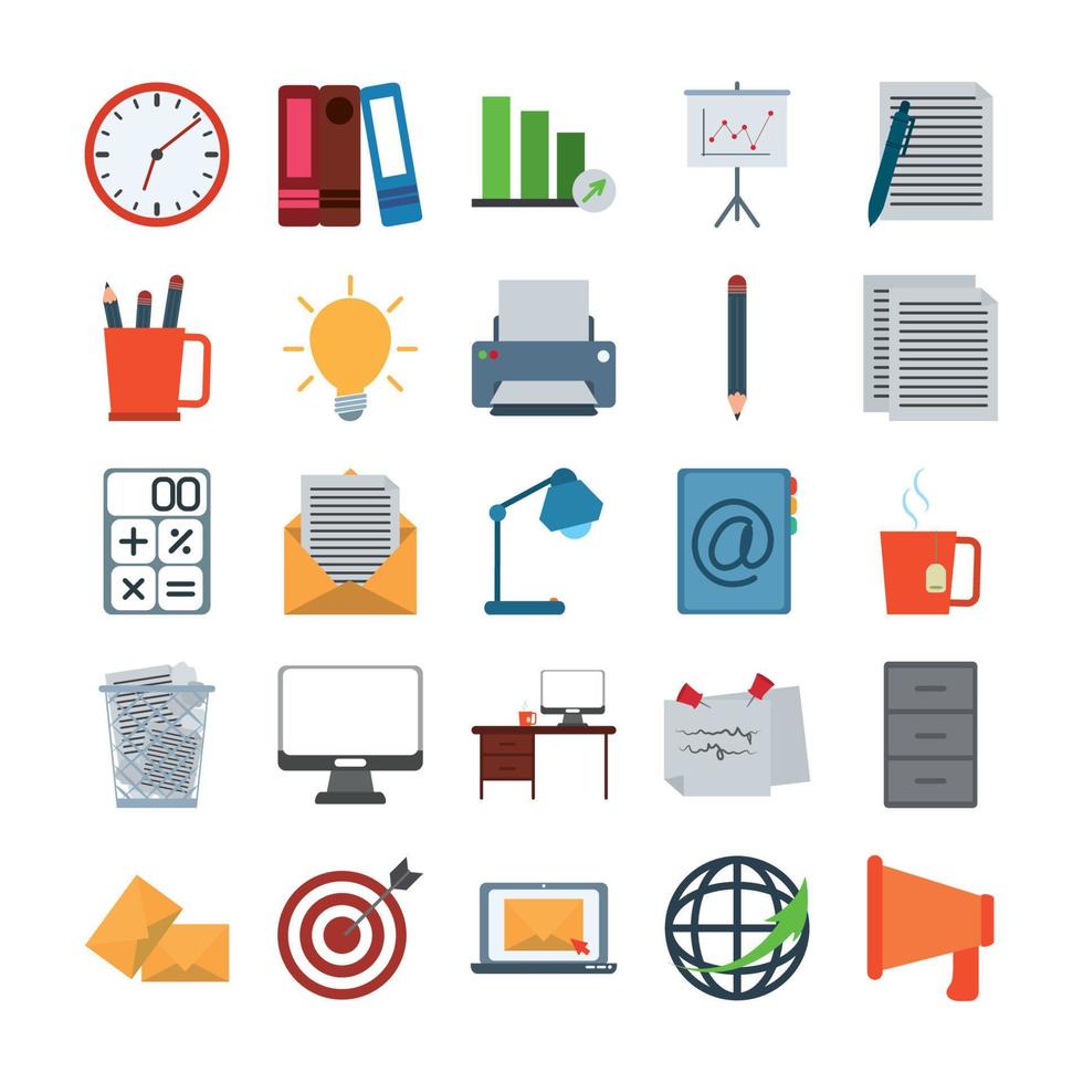 conjunto de iconos de estilo plano de negocios de trabajo de papelería de suministros de oficina vector
