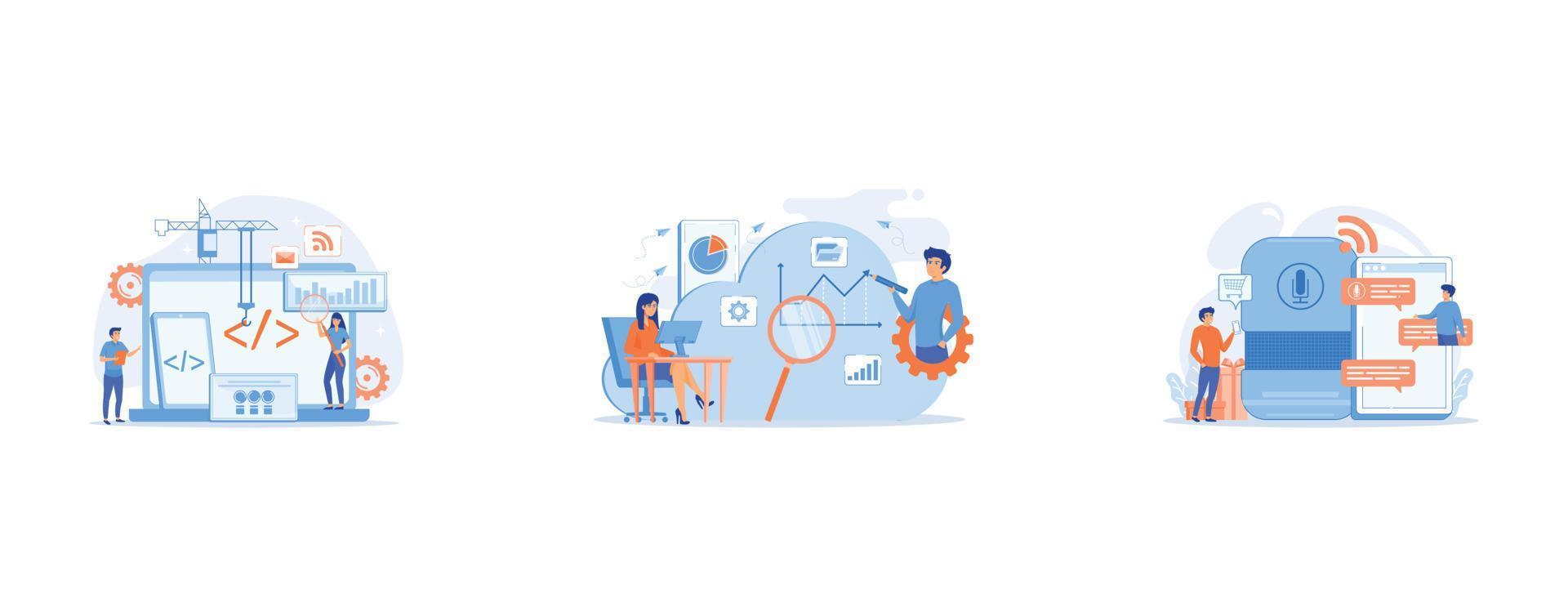 Engineer and developer with laptop and tablet code, Developers drawing chart, monitoring applications, Customer shopping online, vector
