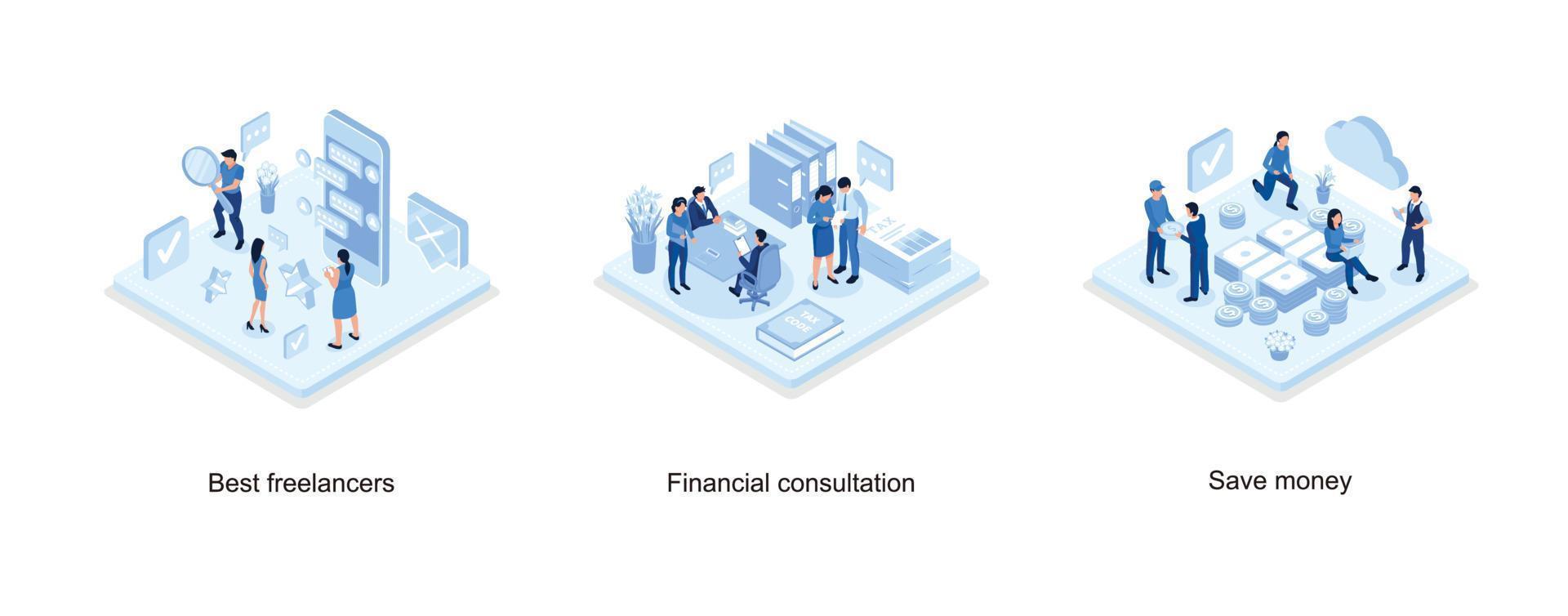 Freelancers service concept banner with text place, Financial consultation concept, People Characters Standing near Gold Coins Stack and Banknotes Bundle, set isometric vector illustration
