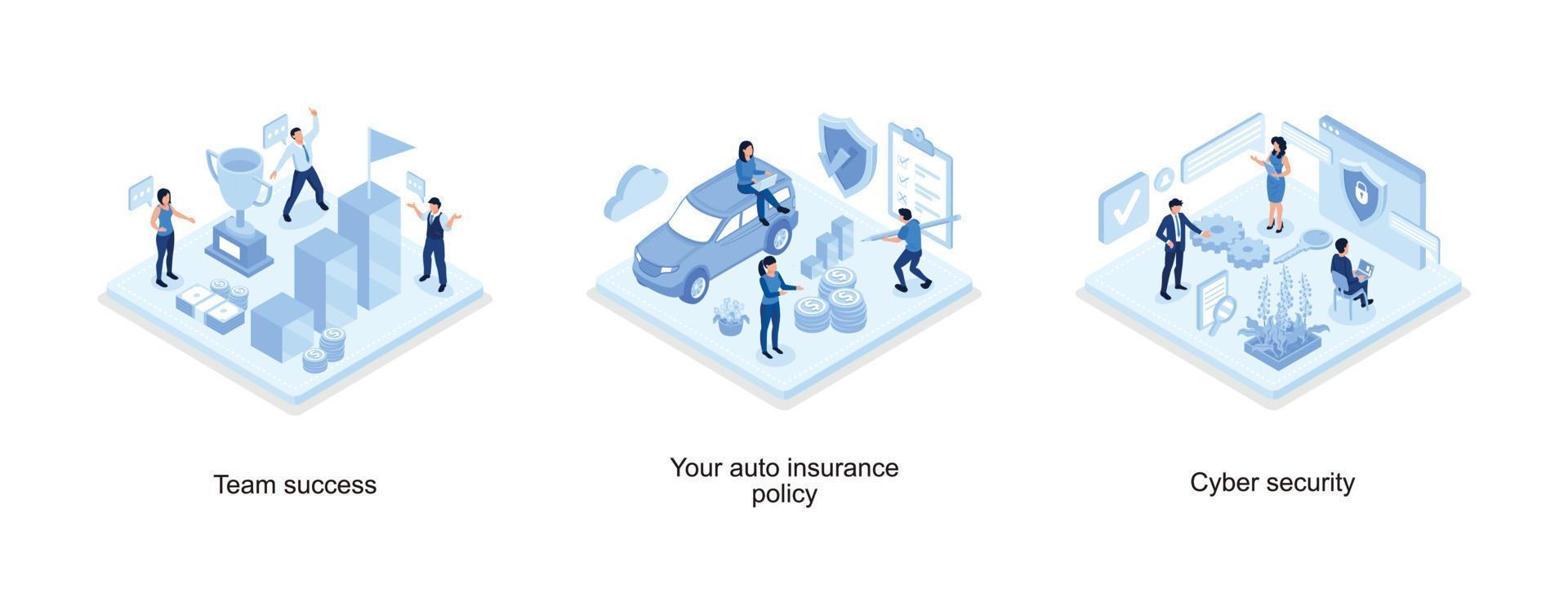 Success concept banner, Man Character Signing Car Insurance Policy Form, Laptop with Firewall Protection Shield on Screen, set isometric vector illustration