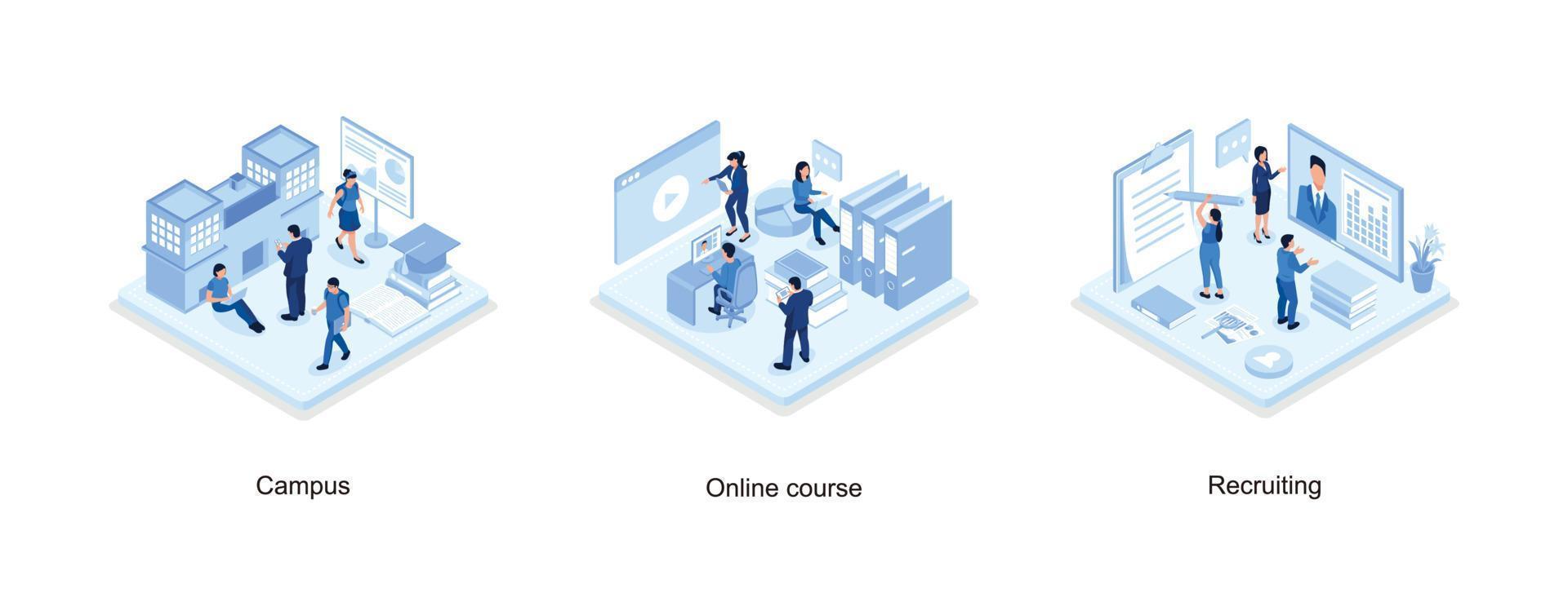 Students in university campus concept with text place, Online education concept with text place, Recruitment concept banner with character, set isometric vector illustration