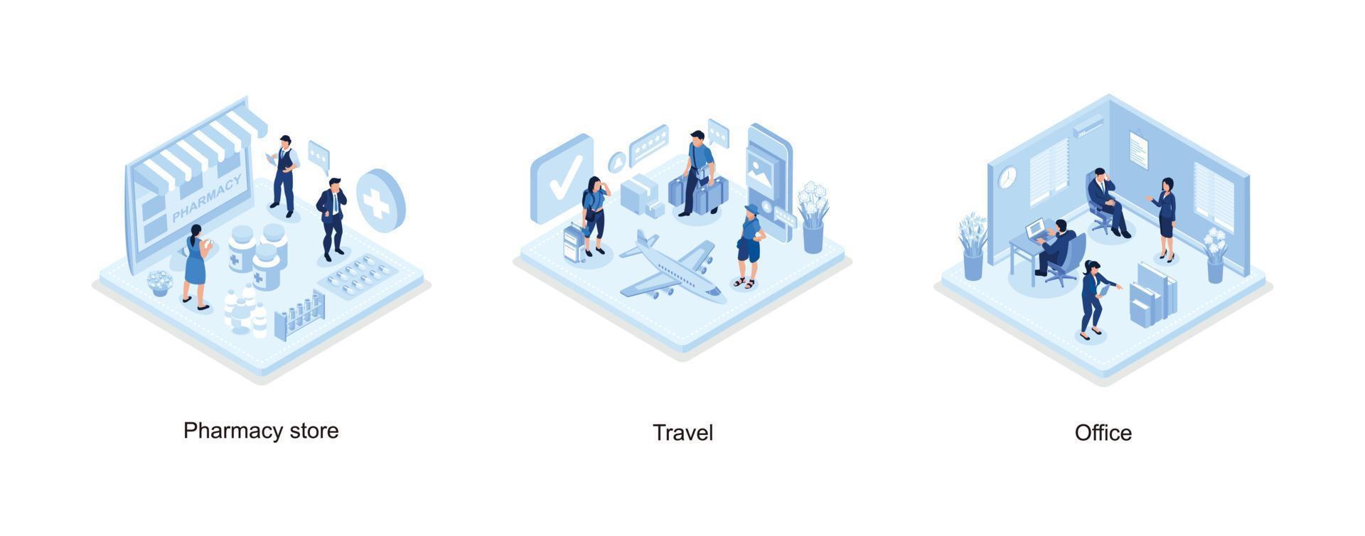 Pharmacy store concept with characters, People ready for vacation, Coworkers in office concept design, set isometric vector illustration