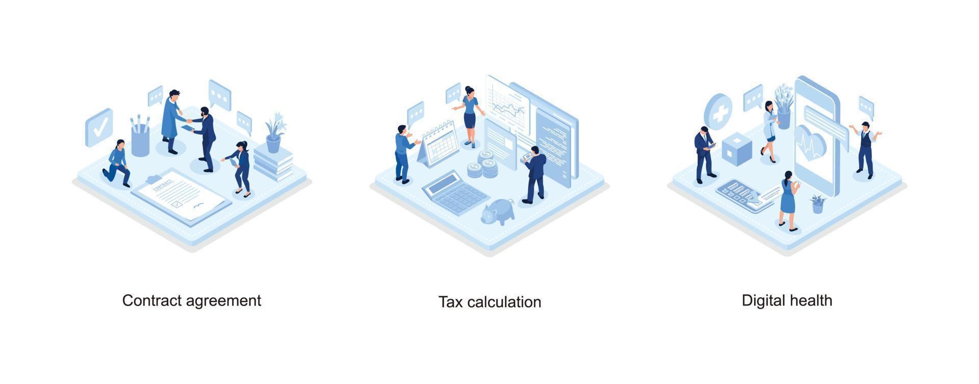 Characters Shaking Hands after Signing Official Contract Document, Office Desk with Documents for Tax Calculation, Digital health concept, set isometric vector illustration