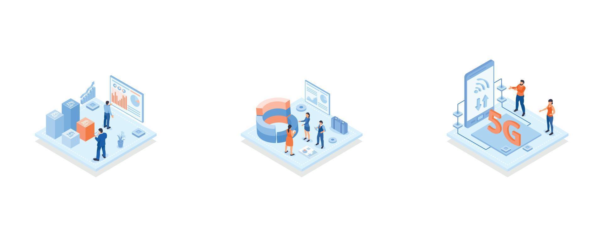 analysts looking at column chart with percentage indicators, group of people analyzing round chart, Scene for 5G technology standard for mobile devices, broadband Internet access, vector