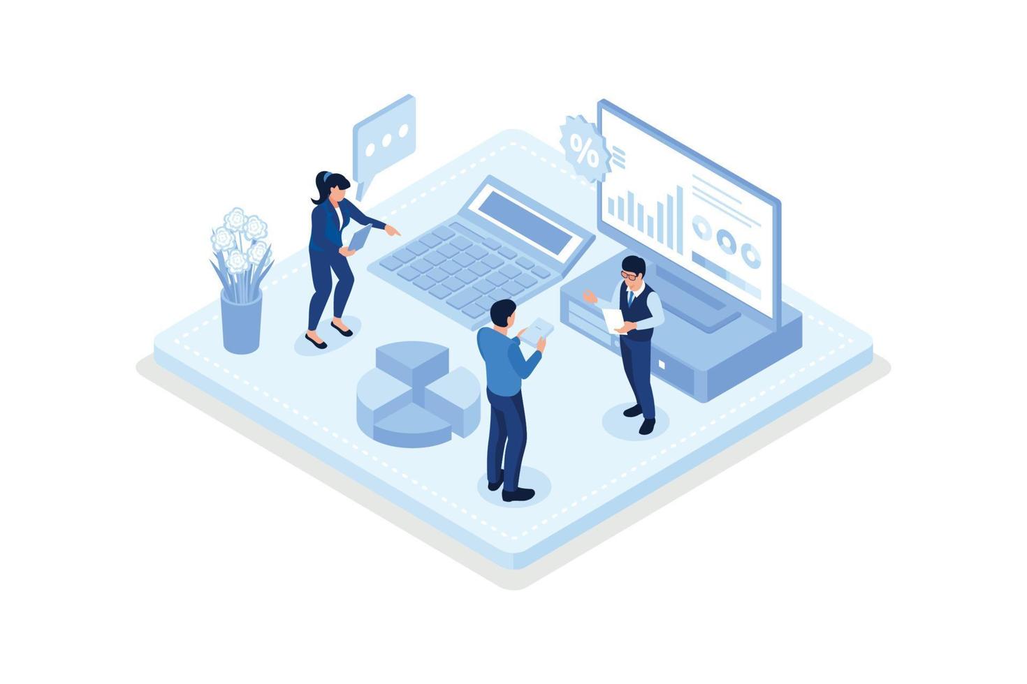 Characters manage finances,  consulting with accountant, isometric vector modern illustration