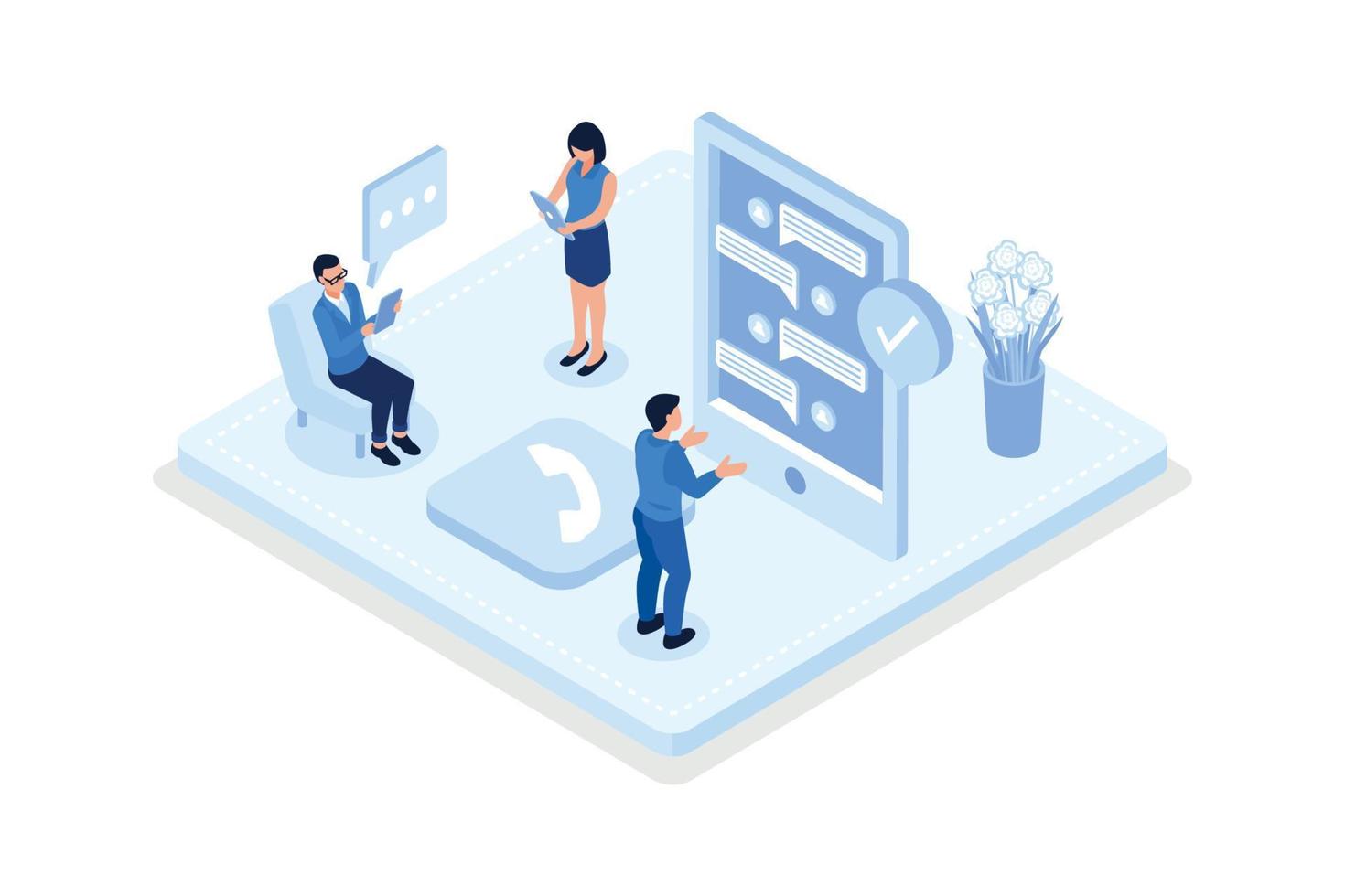 People asking a questions and receiving answers from  call center operator, Customer support, isometric vector modern illustration