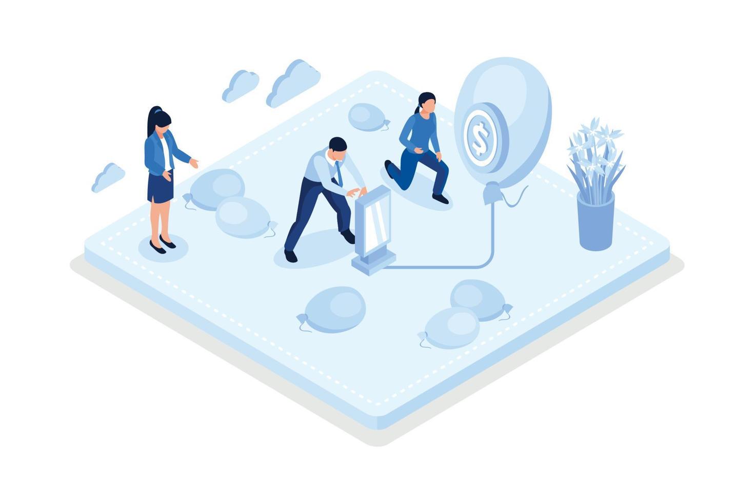 Financial crisis, speculative financial bubble and recession, isometric vector modern illustration