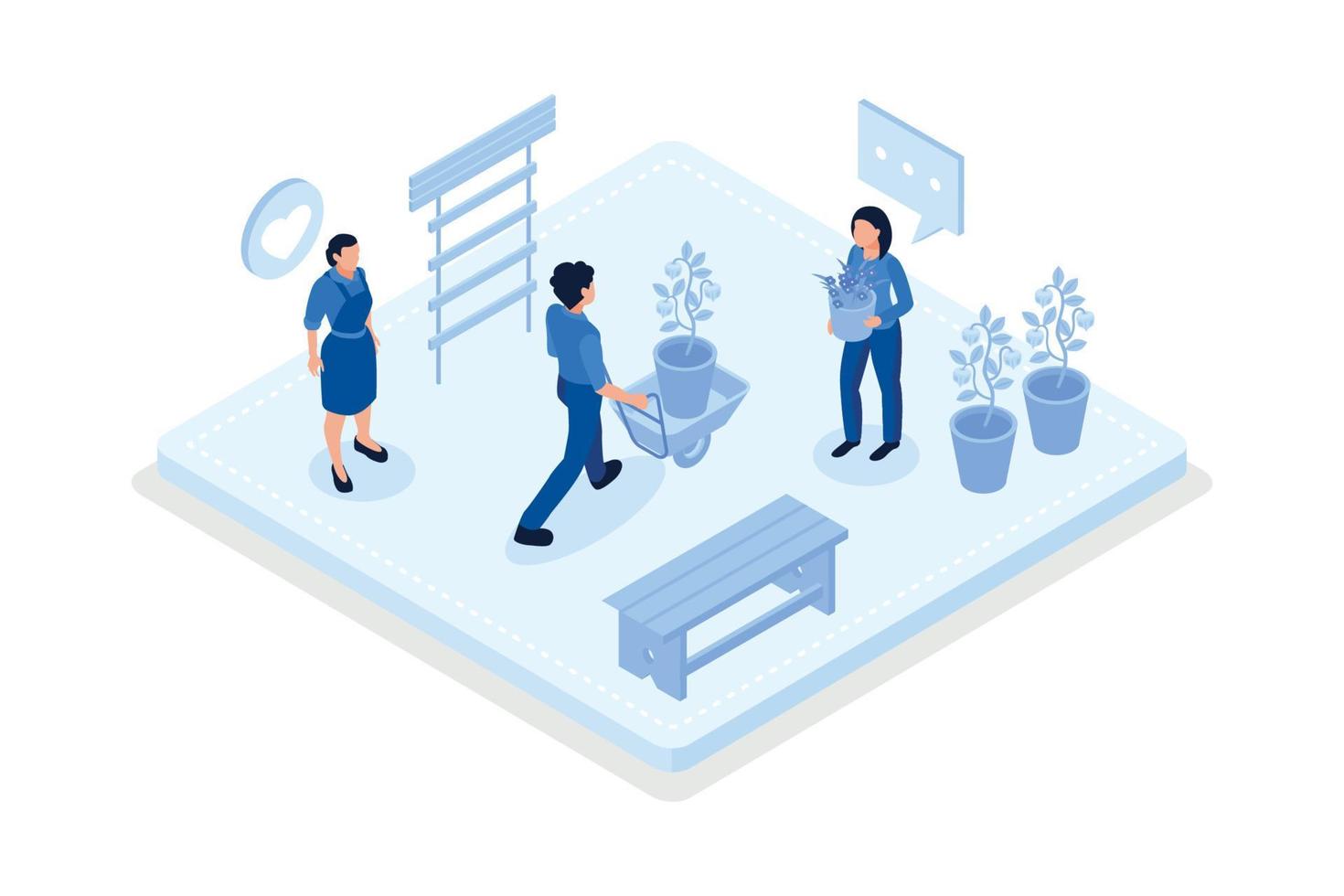 Various volunteering scenes, Environmental care and volunteerism concept, isometric vector modern illustration