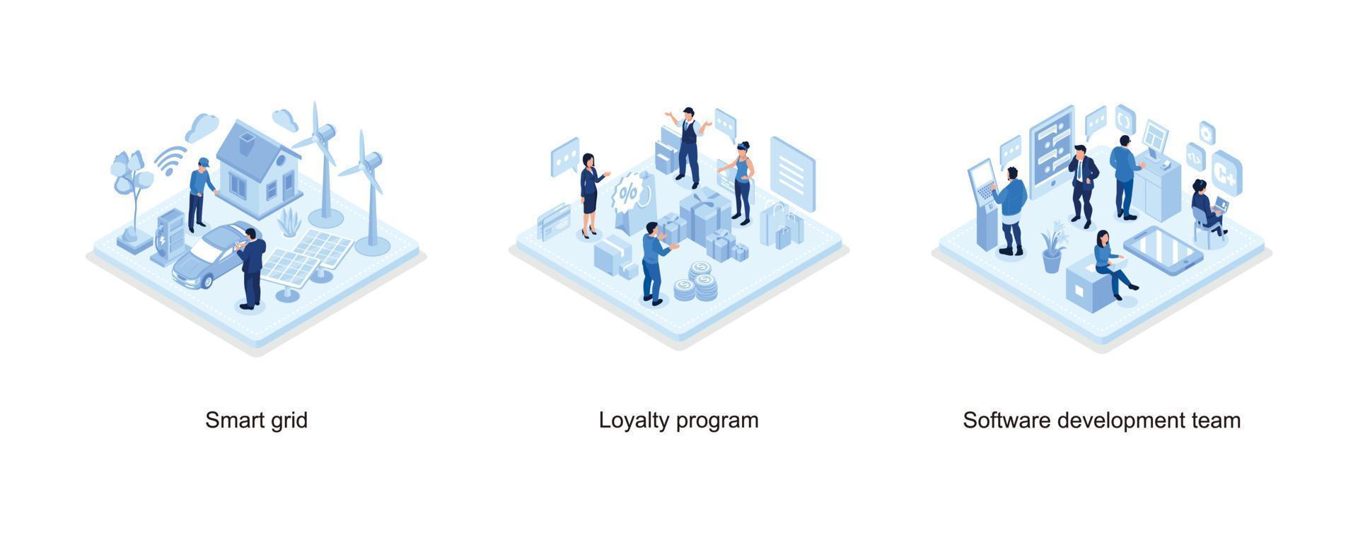 Smart grid concept design, People Characters Standing near Big Shopping Bag and Holding Discount Voucher, Development team at work concept, set isometric vector illustration