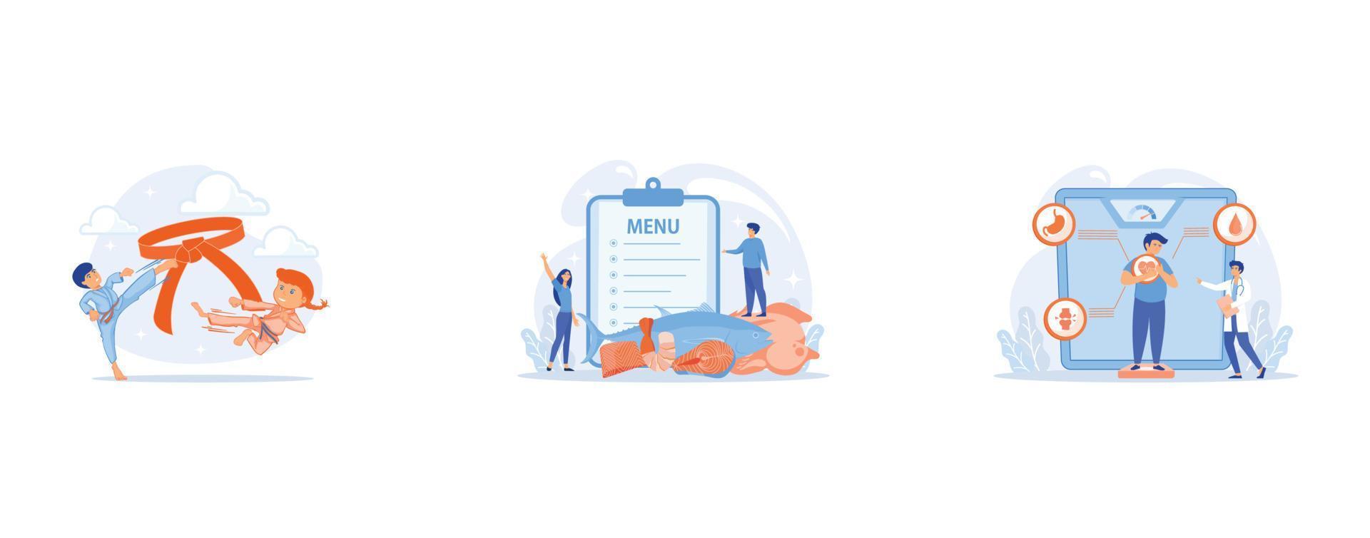 Young athletes doing karate outside at summer camp and big belt, tiny people, Tiny business people reading menu and sea food products, fish and crab, vector