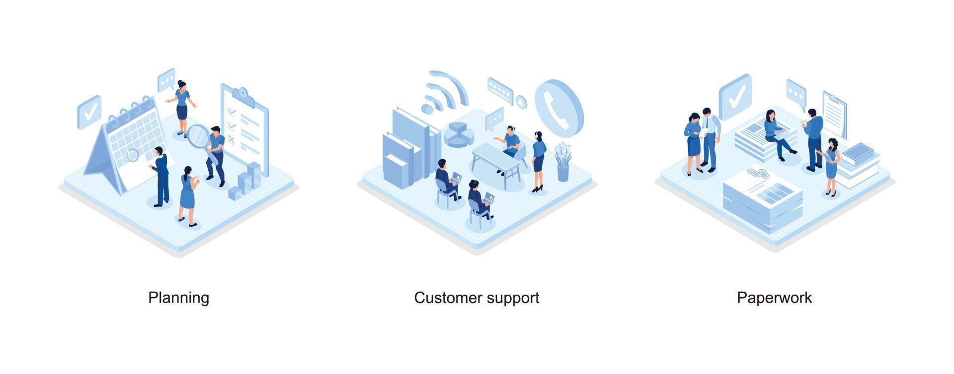 People Planing and Putting Check Mark on Laptop Screen, Customer support concept, People do paperwork concept design, set isometric vector illustration