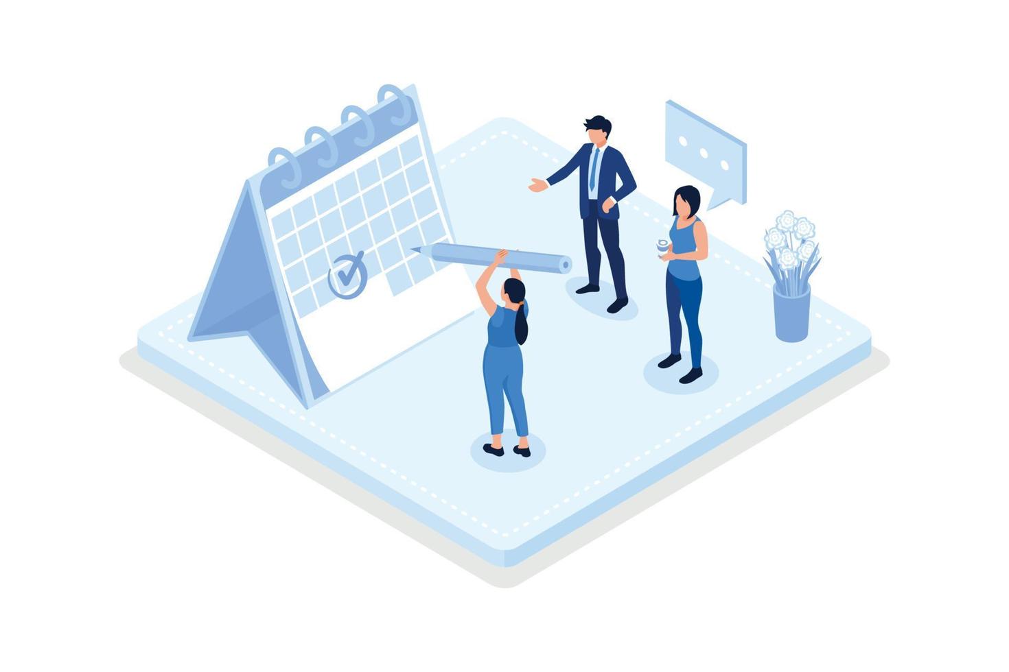 Characters planning schedule, managing to do tasks and time. Time management and schedule organization concept, isometric vector modern illustration