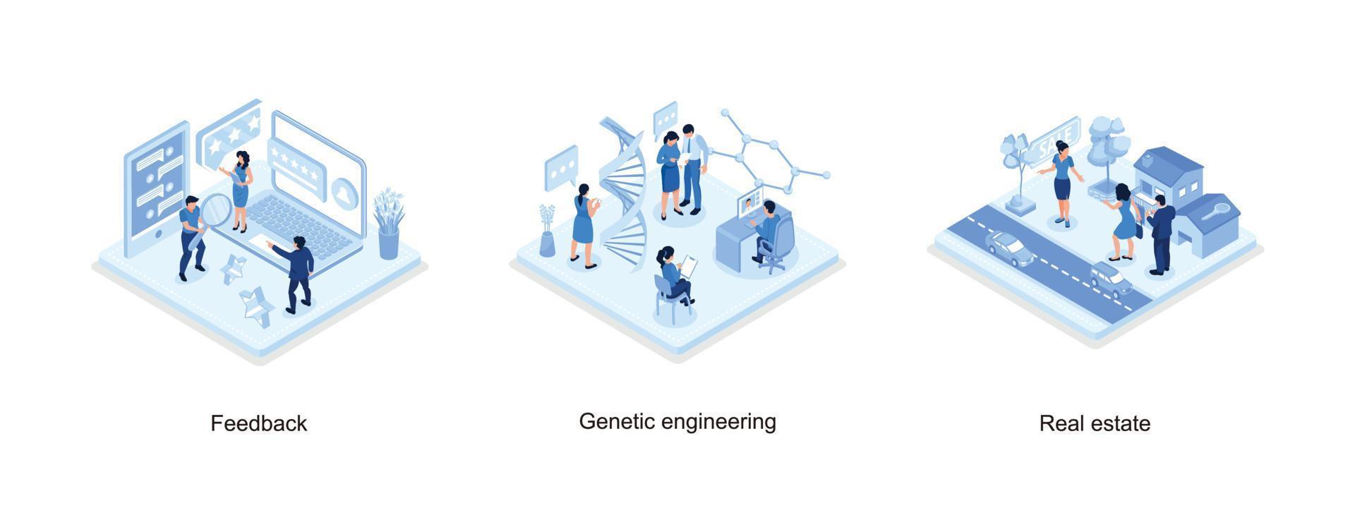 People Characters Giving Five Star Feedback, Genetic engineering concept,  Mobile App for Searching Houses for Renting or Buying Online, set isometric vector illustration