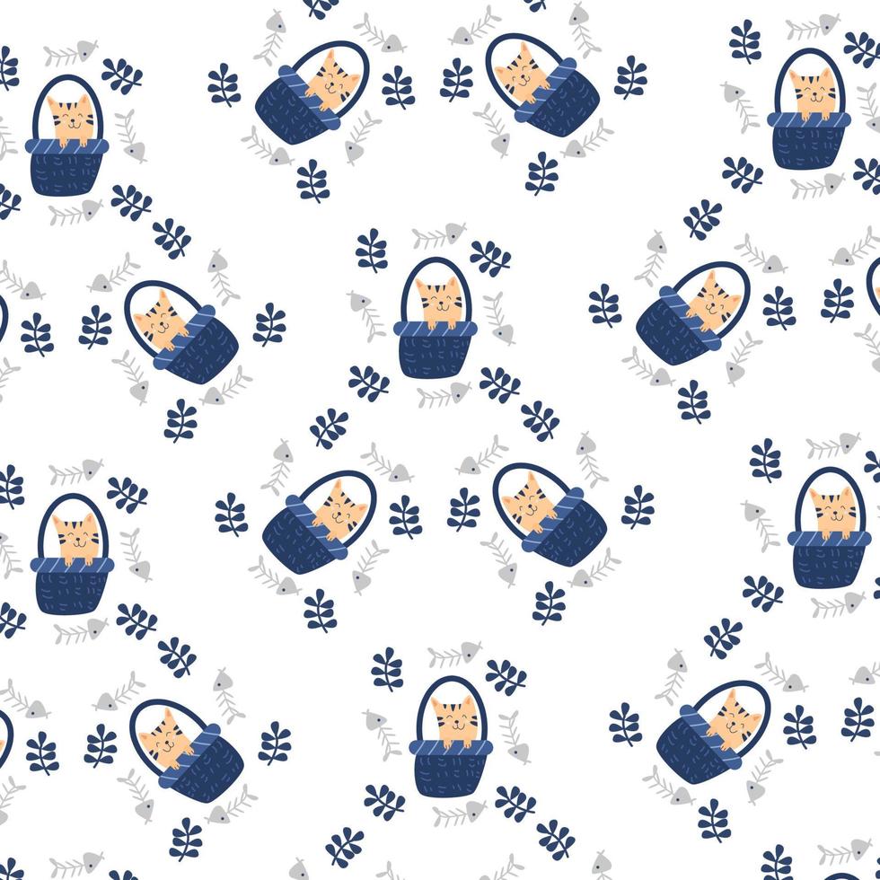 Seamless pattern with cute cat on basket perfect for wrapping paper vector