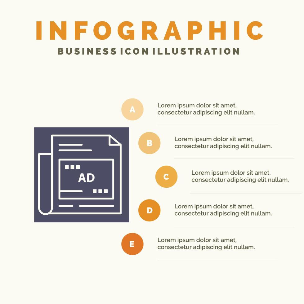 Newspaper Ad Paper Headline Solid Icon Infographics 5 Steps Presentation Background vector