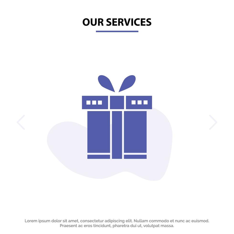 nuestros servicios caja de regalo cinta de compras icono de glifo sólido plantilla de tarjeta web vector