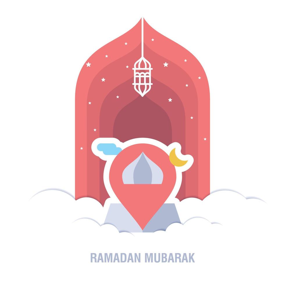 ramadan kareem diseño islámico luna creciente y silueta de cúpula de mezquita con patrón árabe y calli vector