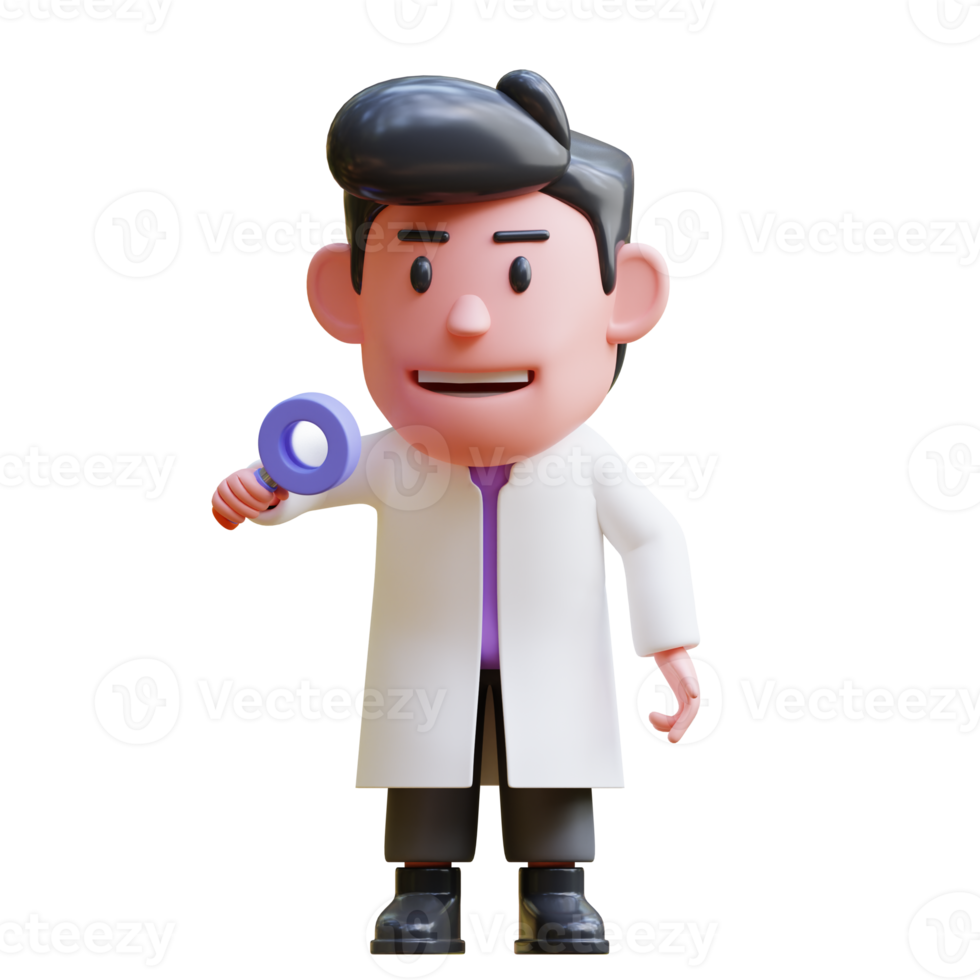 3d rendering of cute scientist character illustration looking for something with a magnifying glass, research png