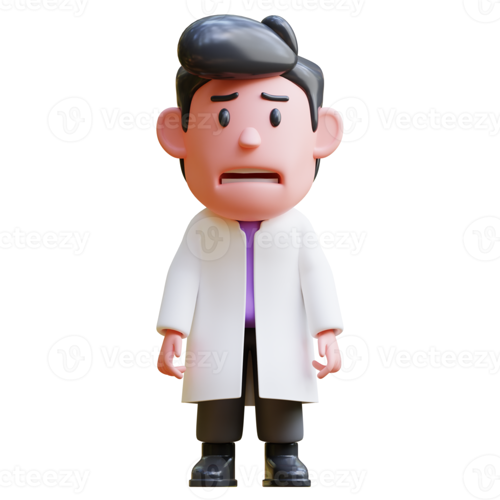 3d rendering of cute scientist character illustration expression sad, upset, lost, weak png