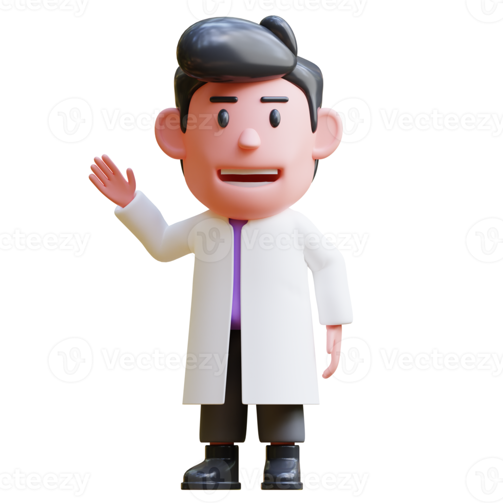 3d rendering of cute scientist character illustration raising hand png