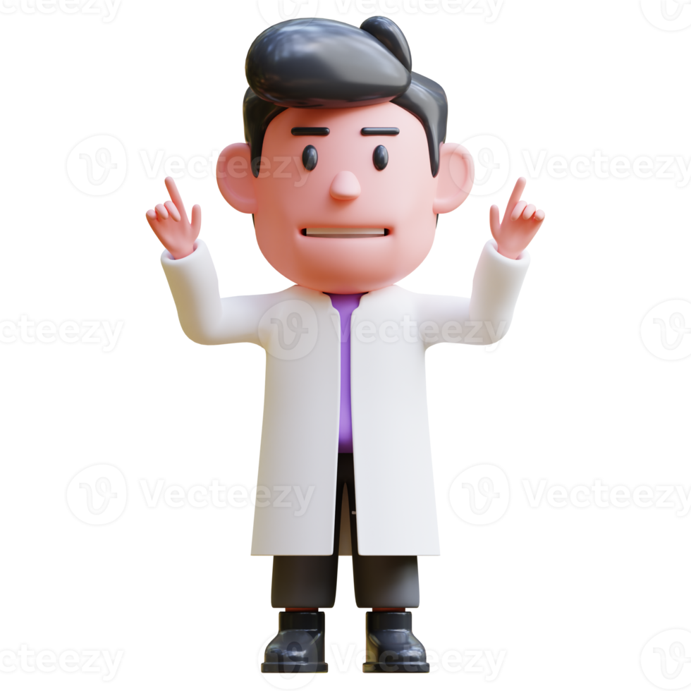 3d rendering of cute scientist character illustration raising both hands joyfully, winning, happy png
