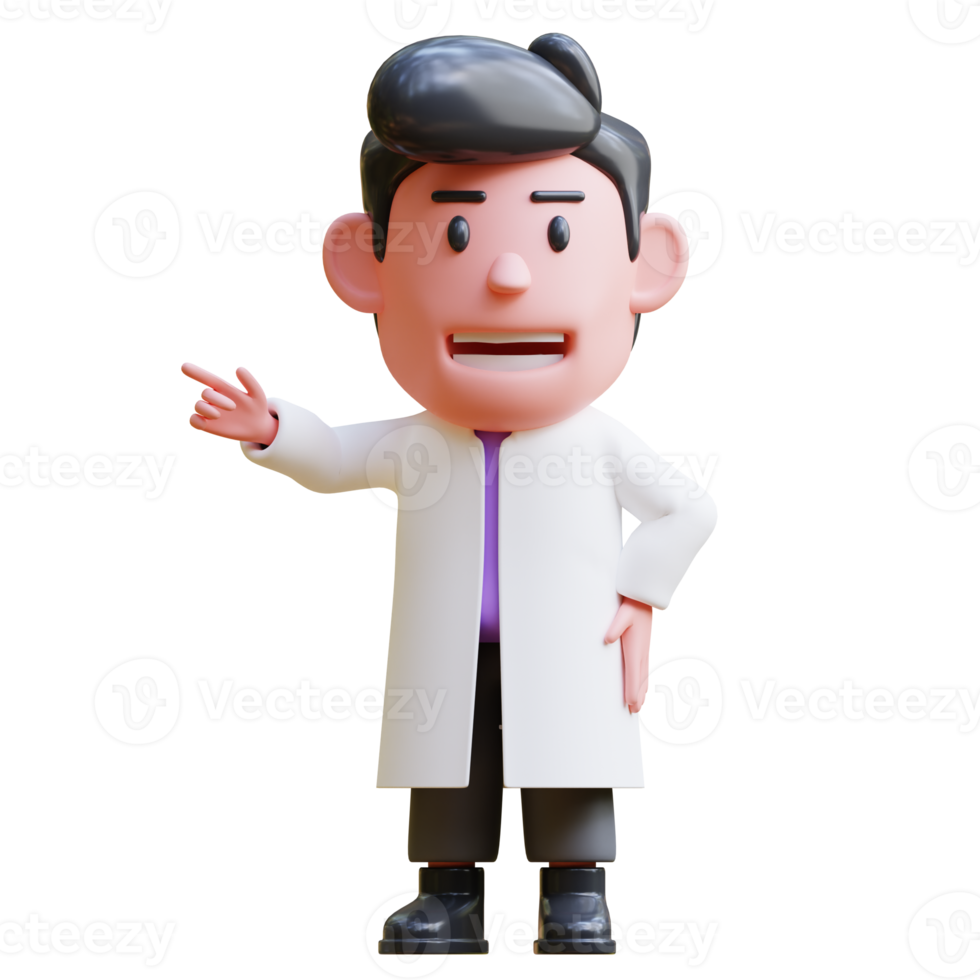 3d rendering of cute scientist character illustration pointing png