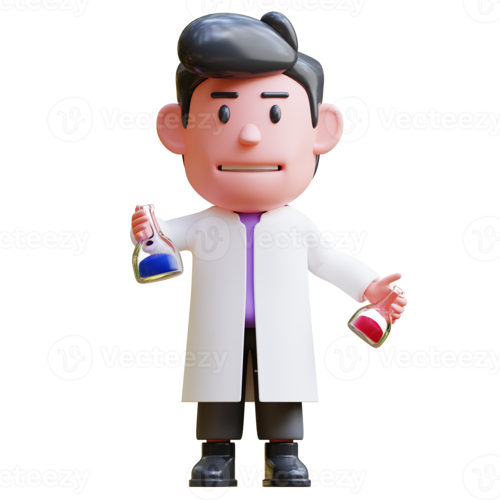 3d rendering of cute scientist character illustration carrying two research liquids png