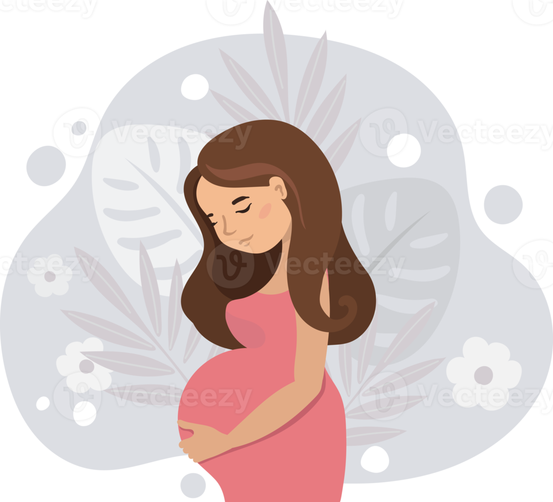 pregnant cute woman holding her belly . Pregnancy  illustration in cartoon style. png