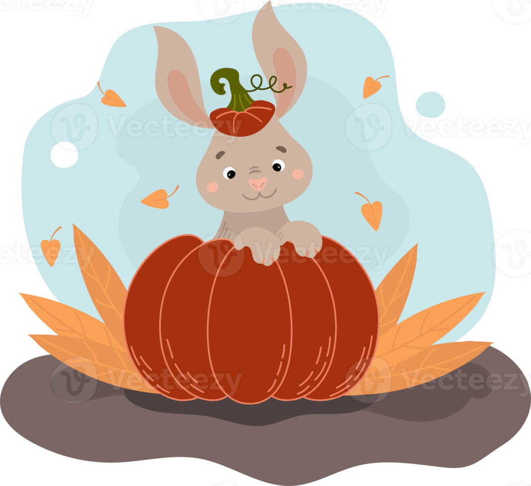 coelhinho fofo sentado em uma abóbora, feliz dia das bruxas. ilustração de pôster de outono png