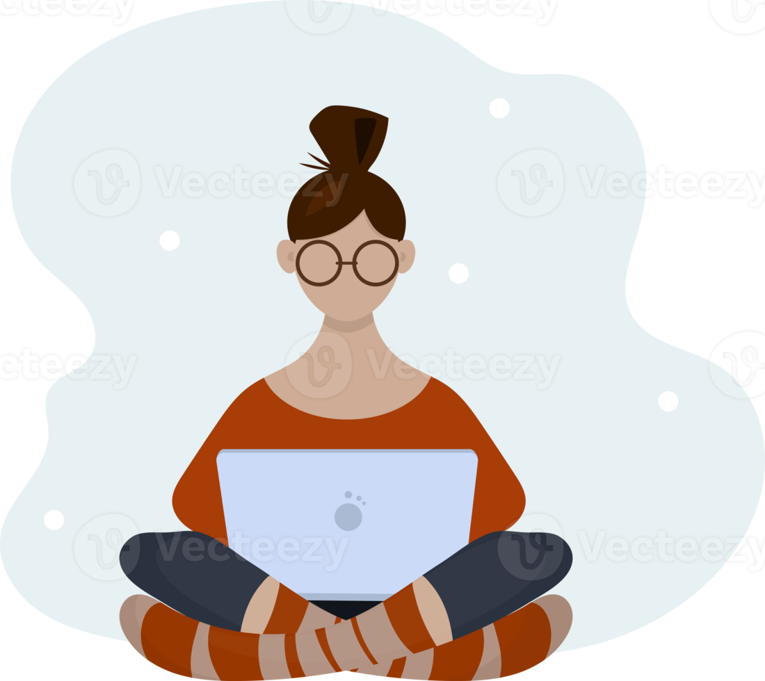 Woman with glasses with laptop sits.  flat cartoon style illustration for working, freelancing, studying, education,work from home . png