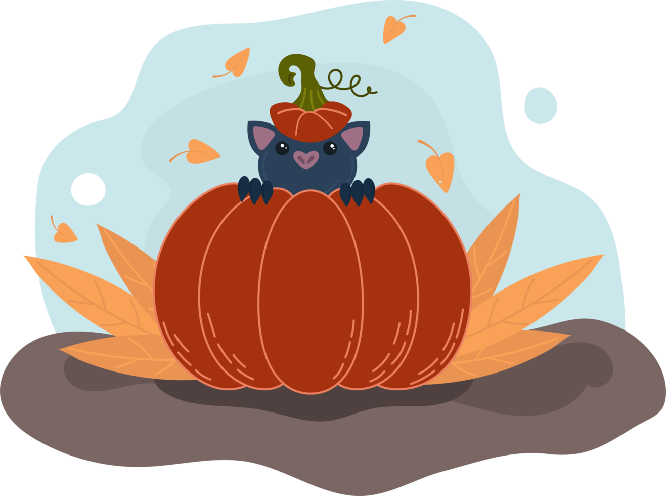 morcego bonito sentado em uma abóbora, feliz dia das bruxas. ilustração de pôster de outono png