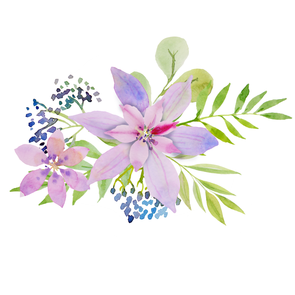 un' ramo di bellissimo delicato viola fiori con le foglie. mano disegno per saluto carte, saluti, Stampa. png