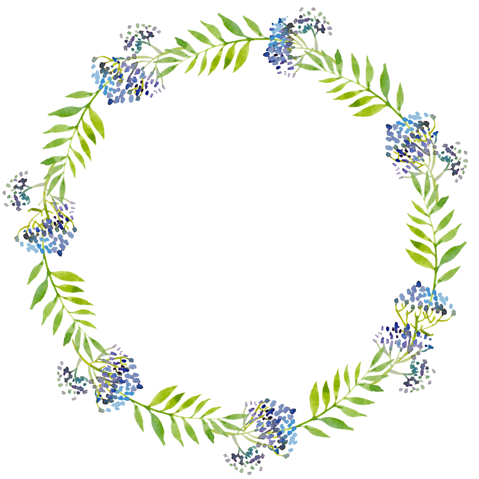 watercolor illustration wreath, green leaves and blue branches. Hand-drawing for greeting cards, greetings, prints png