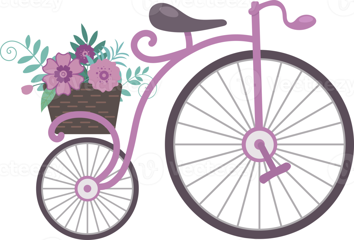 Retro vintage pink bicycle with a basket of flowers, cartoon flat style illustration png