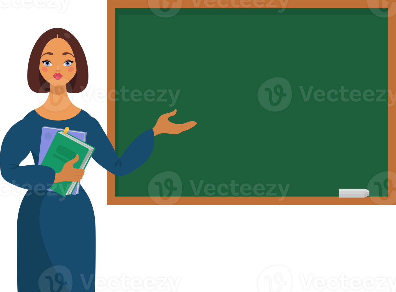 Cute Female teacher, girl pointing with her hand, holding books. School and learning concept, teacher s day,  illustration in cartoon style png