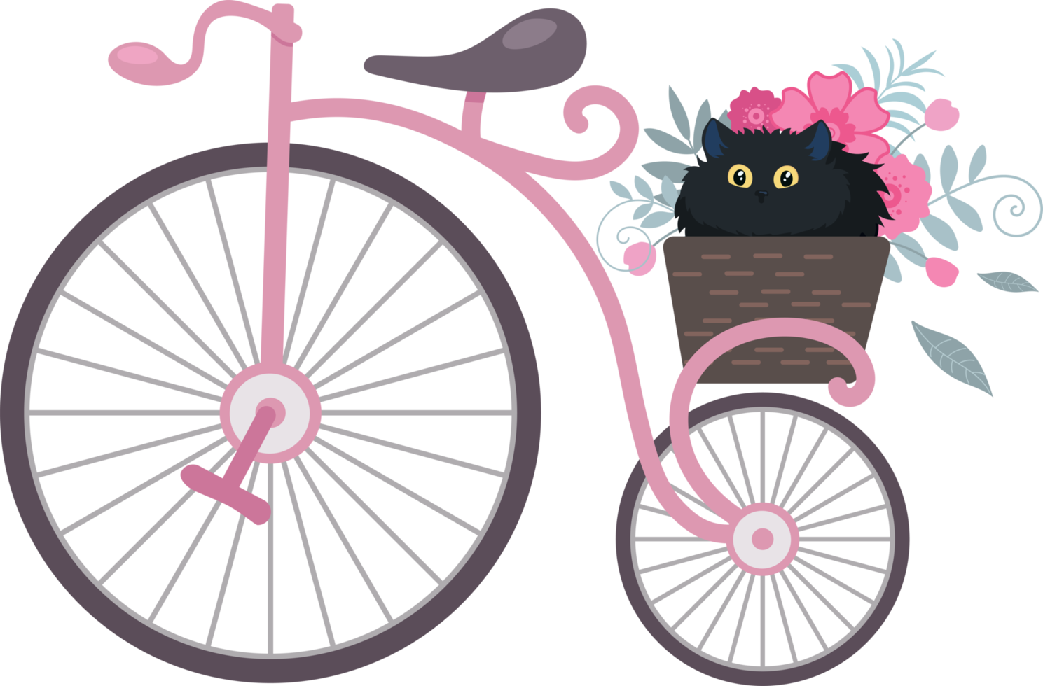 retro wijnoogst fiets met een mand van bloemen en een zwart kat. illustratie in tekenfilm vlak stijl png