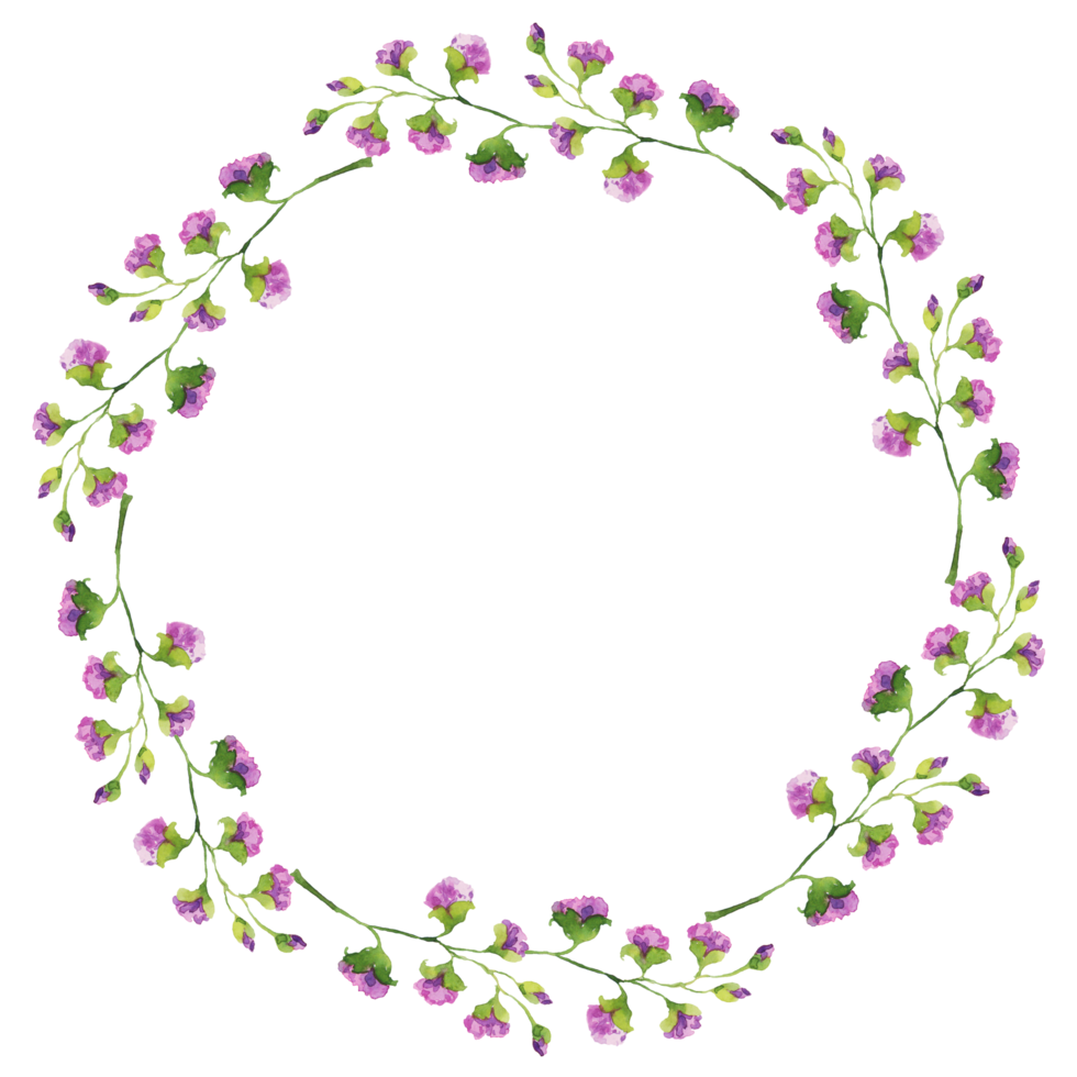 brillante y delicada corona de ramas de flores violetas y hojas verdes, ilustración acuarela. dibujo a mano para imprimir, saludos, logos png